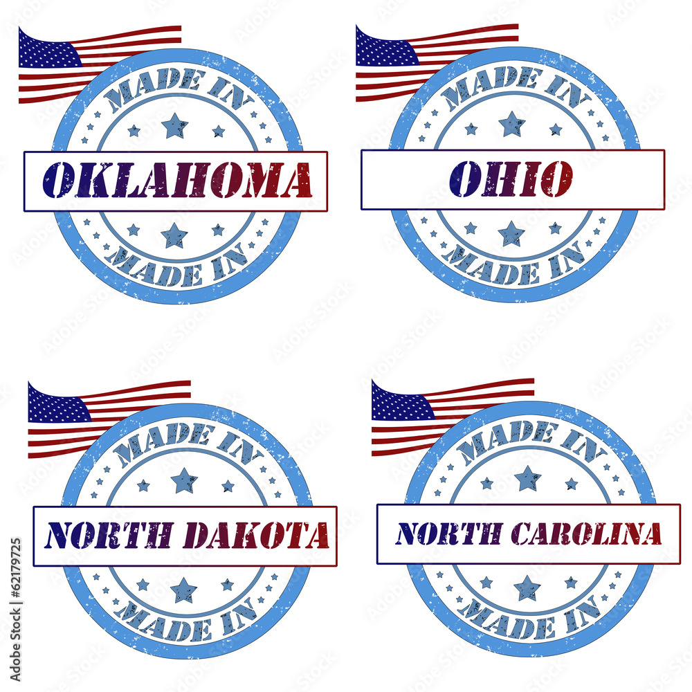 Set of stamps with made in oklahoma,ohio,north dakota