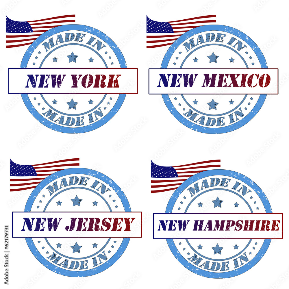 Set of stamps with made in new york,new mexico,new jersey