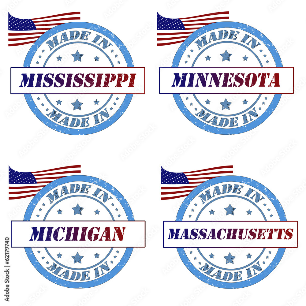 Set of stamps with made in mississippi,minnesota,michigan