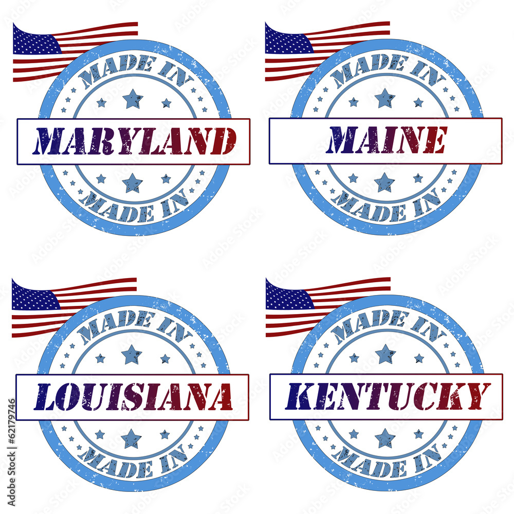 Set of stamps with made in maryland,maine,louisiana,kentucky