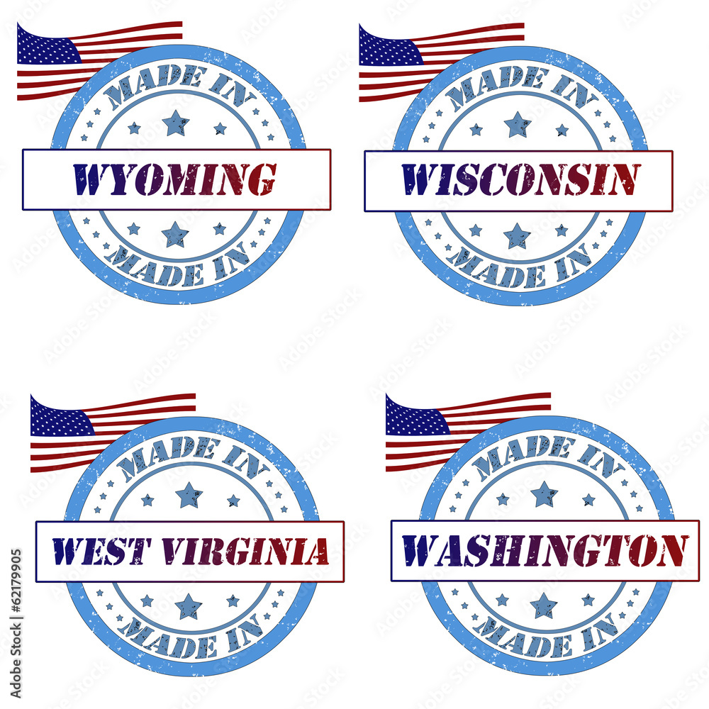 Set of stamps with made in wyoming,wisconsin,washington