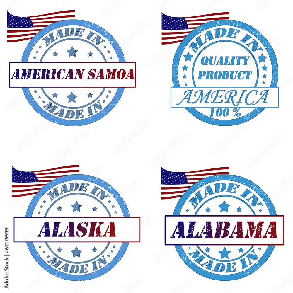 Set of stamps with made in samoa,america,alaska,alabama
