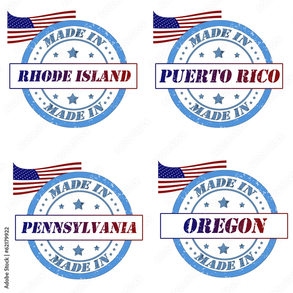 Set of stamps with made in rhode island,puerto rico,pennsylvania