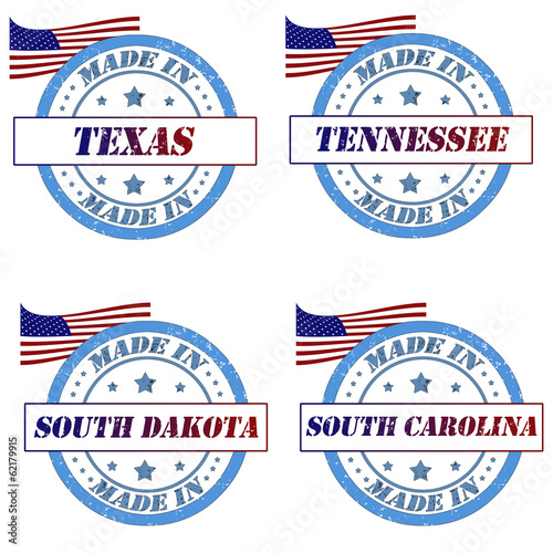 Set of stamps with made in texas,tennessee,south dakota