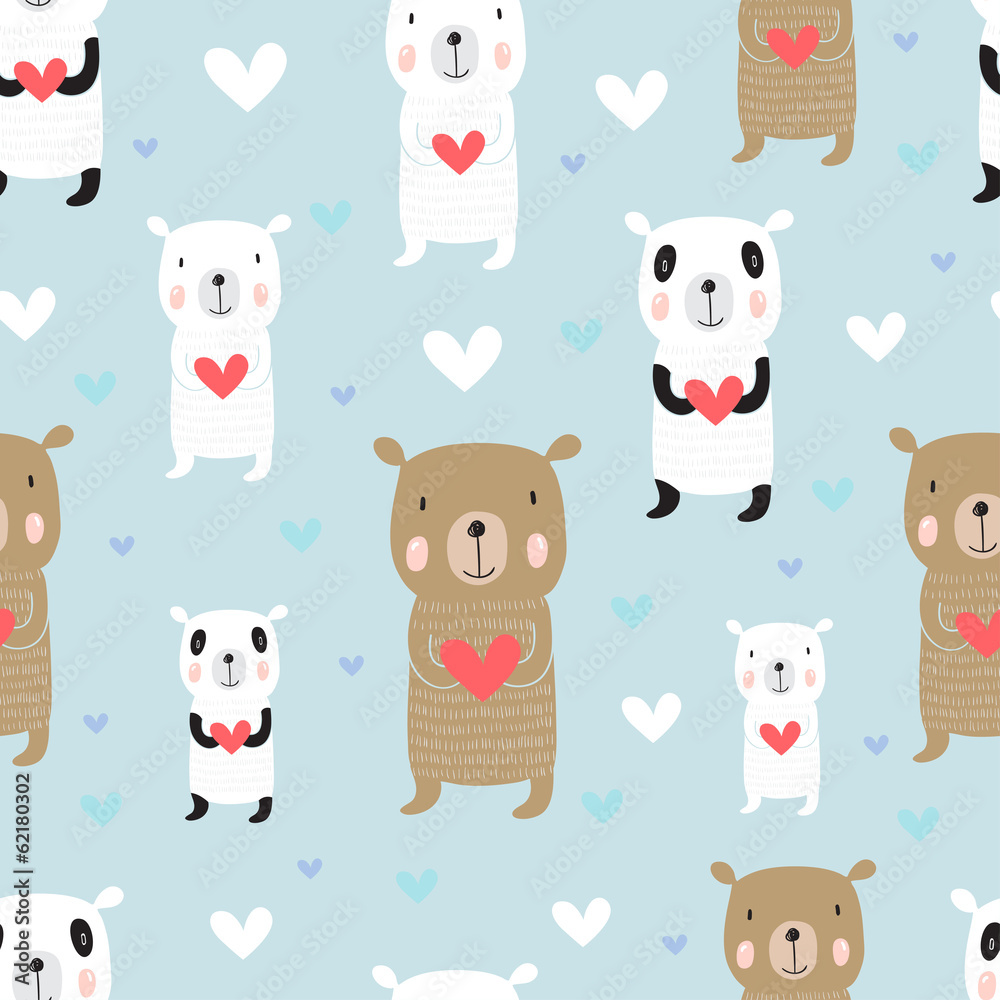 Naklejka premium Seamless cartoon pattern with bears. Panda, polar bear .
