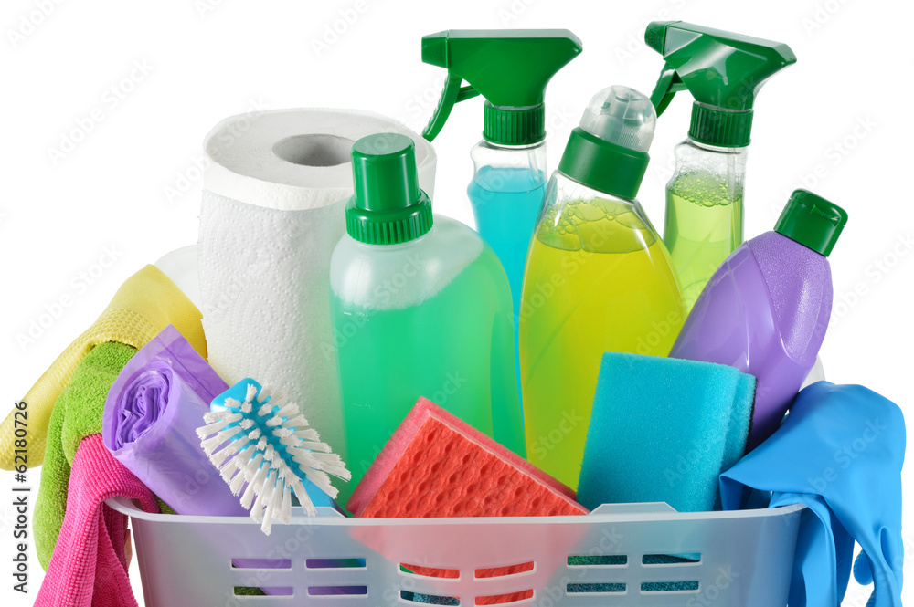 Cleaning products and supplies in a basket. Cleaning products and supplies in a basket.