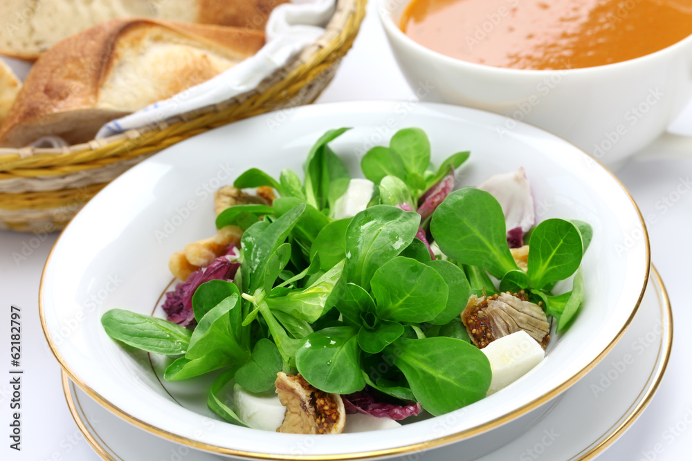 fresh vegetable salad with bread and soup, breakfast fresh vegetable salad with bread and soup, breakfast
