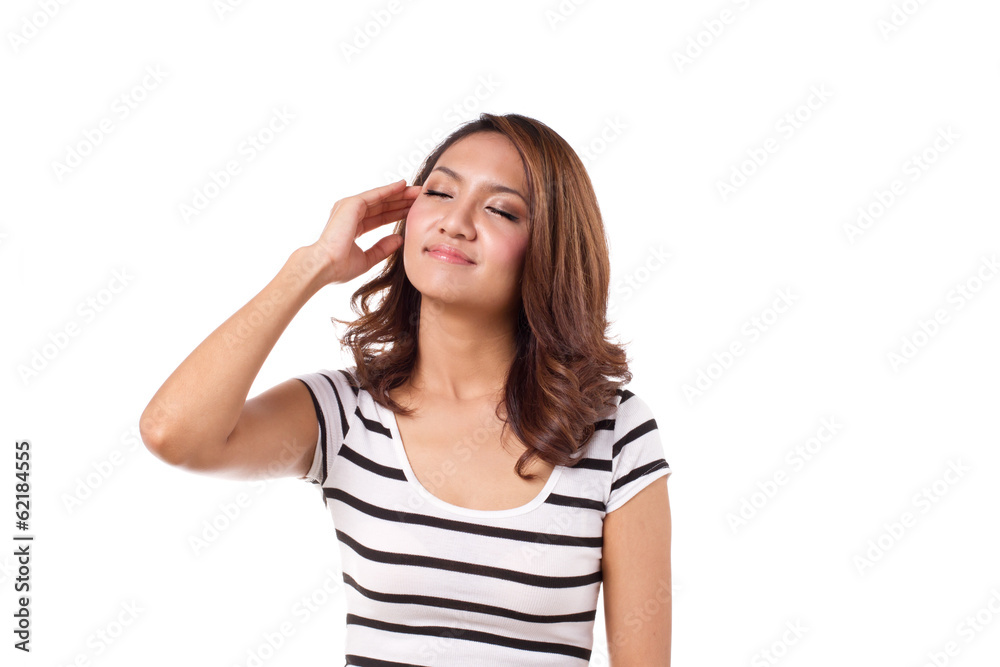 positive, relaxing, smiling woman, white isolate studio shot positive, relaxing, smiling woman, white isolate studio shot