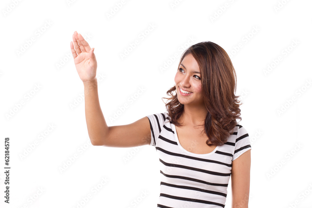 happy and positive woman pointing, touching, choosing happy and positive woman pointing, touching, choosing