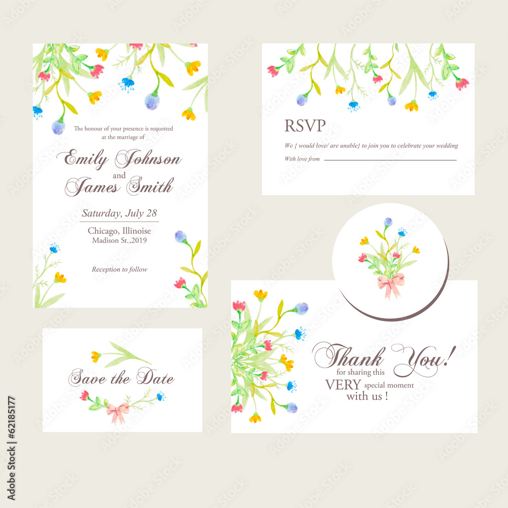 watercolor flowers wedding invitations set