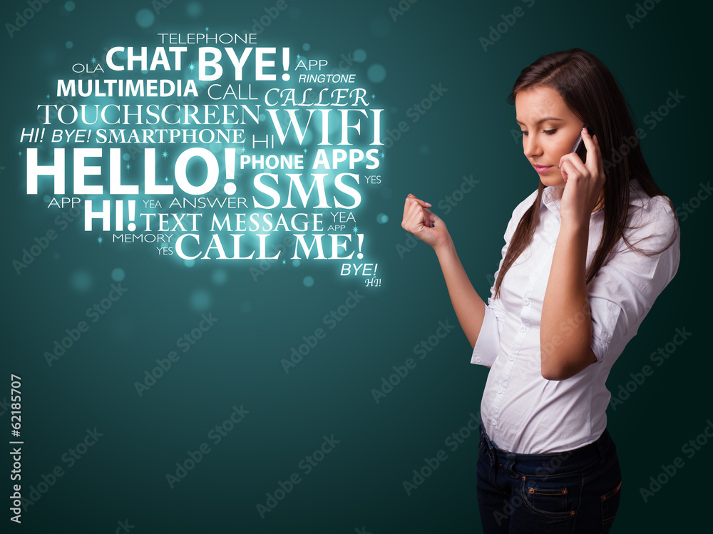 Young girl calling by phone with word cloud Young girl calling by phone with word cloud