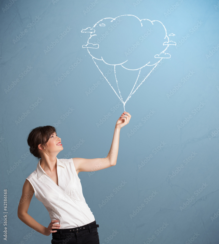 Pretty lady holding a cloud balloon drawing Pretty lady holding a cloud balloon drawing