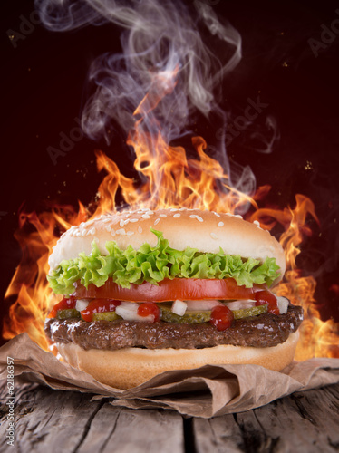 delicious hamburger on wood