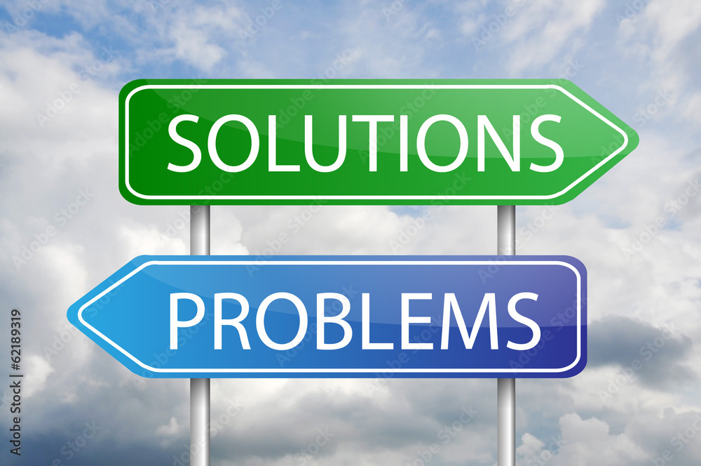 Blue and green Solutions and Problems arrow post signs Blue and green Solutions and Problems arrow post signs