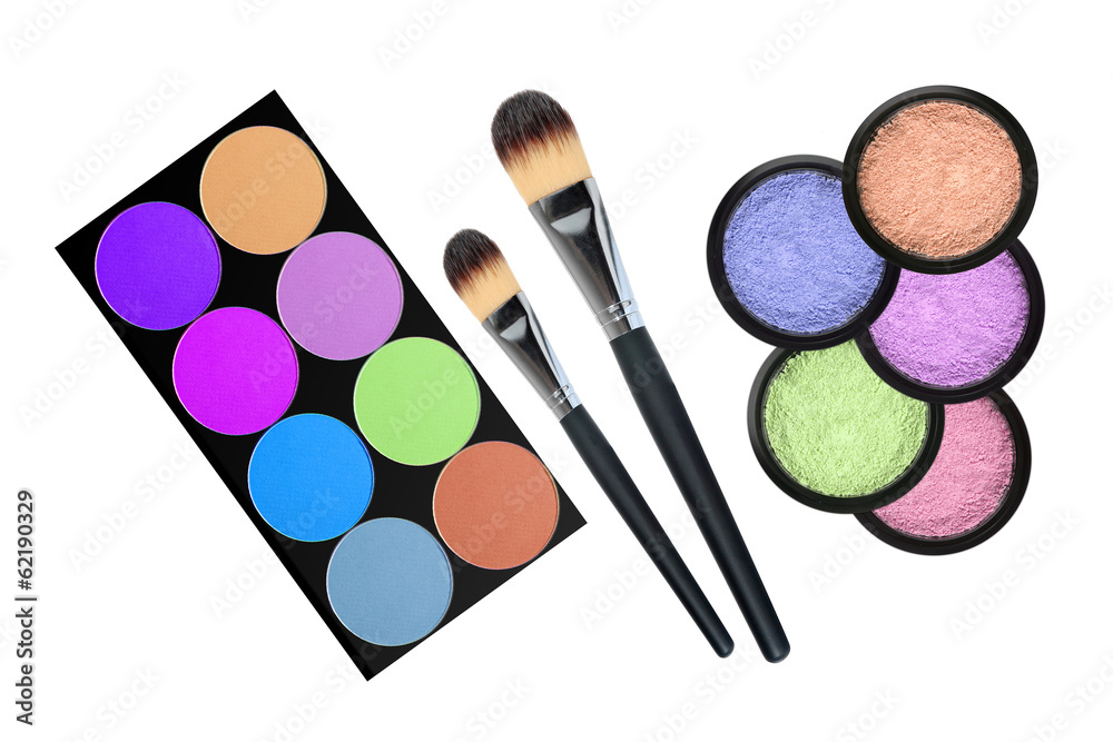 set of 5 eyeshadows and brushes isolated on white background set of 5 eyeshadows and brushes isolated on white background