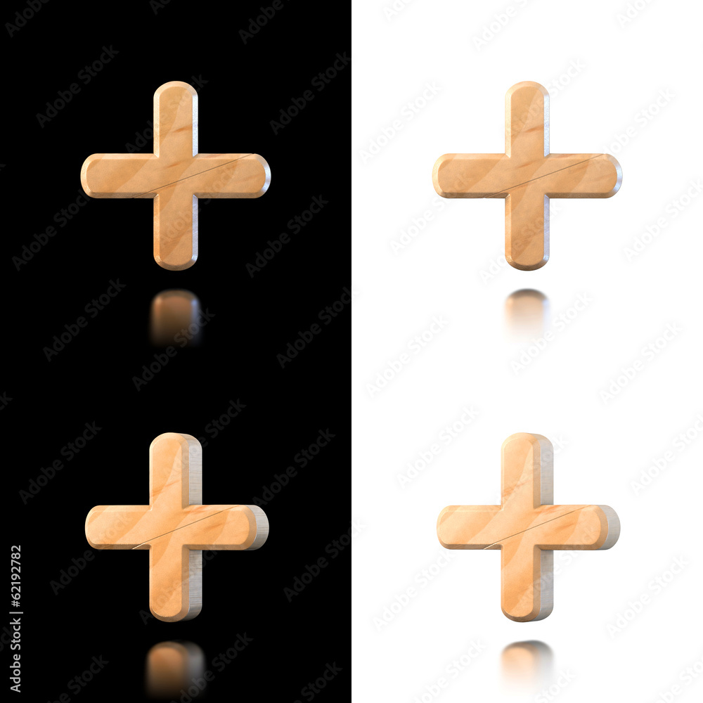 Three dimensional wooden plus symbol. Isolated on white and blac Three dimensional wooden plus symbol. Isolated on white and blac