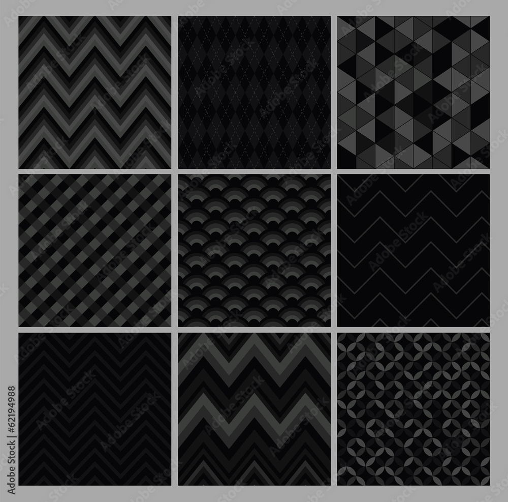 Seamless geometric hipster background set. Black Color Patterns