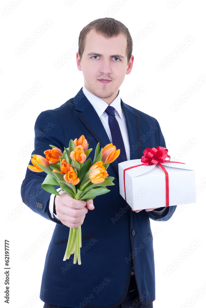 romantic man giving gift box and flowers isolated on white romantic man giving gift box and flowers isolated on white