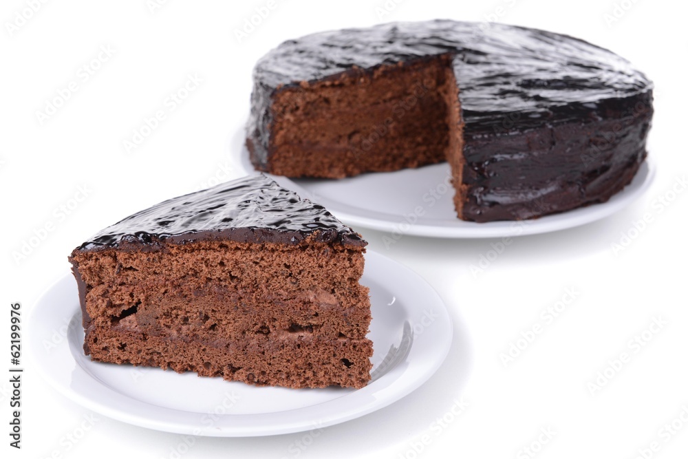 Delicious chocolate cake isolated on white