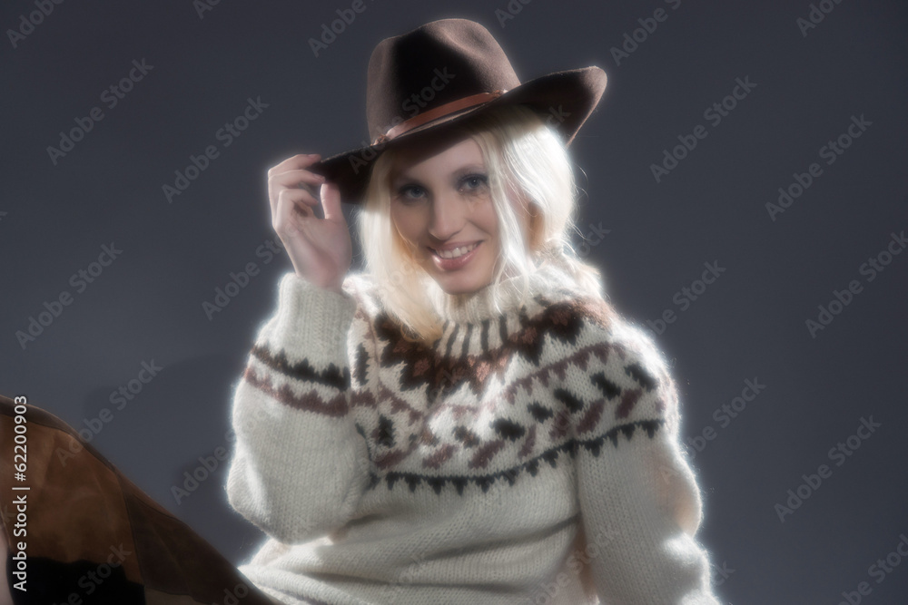 Retro soft focus hippie 70s winter fashion girl with long blonde Retro soft focus hippie 70s winter fashion girl with long blonde