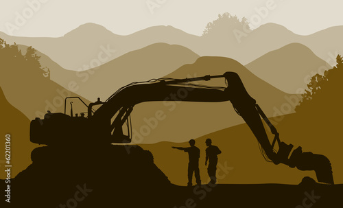 Excavator loader and workers at mine