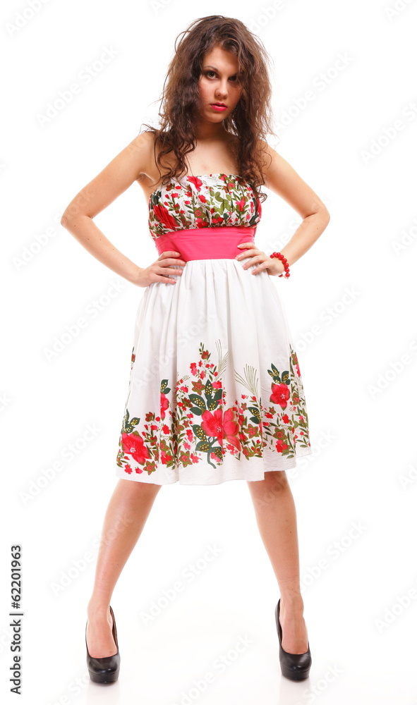 Fashion young woman in summer dress on white Fashion young woman in summer dress on white
