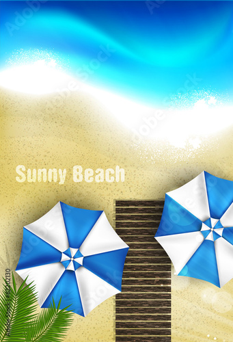 Azure coast with beach umbrellas, palm tree