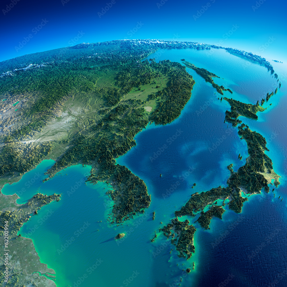 Naklejka premium Szczegółowa Ziemia. Korea i Japonia