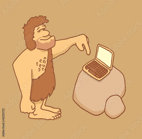 Caveman getting in touch with technology