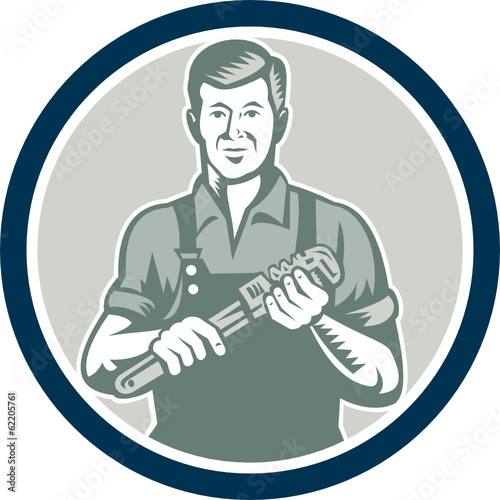 Plumber Holding Monkey Wrench Circle Retro
