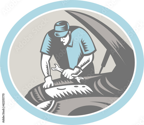 Auto Mechanic Car Repair Woodcut Retro