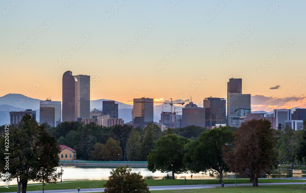 Denver downtown skyline at sunset