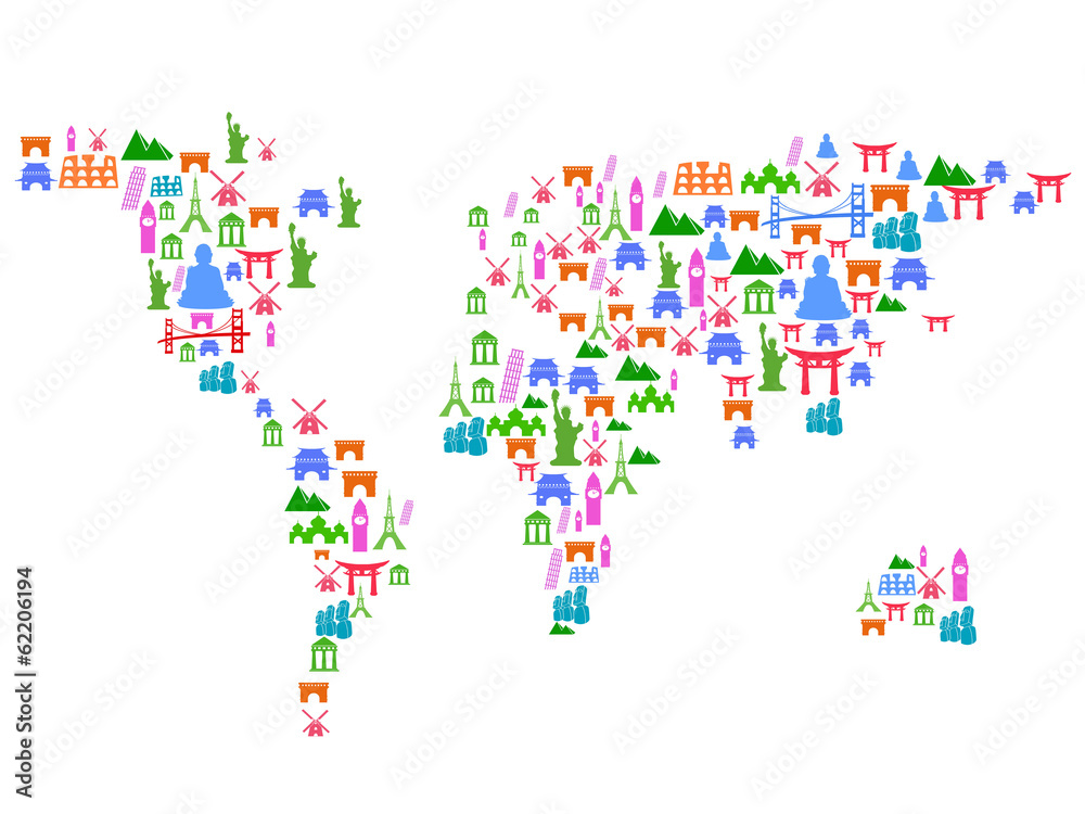 Fototapeta World map made of landmark icons