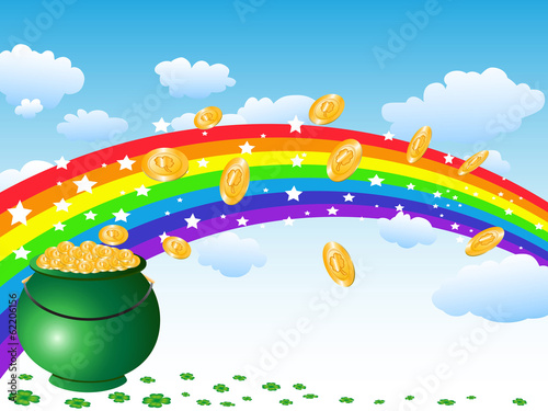 pot of gold coins and rainbow on the sky