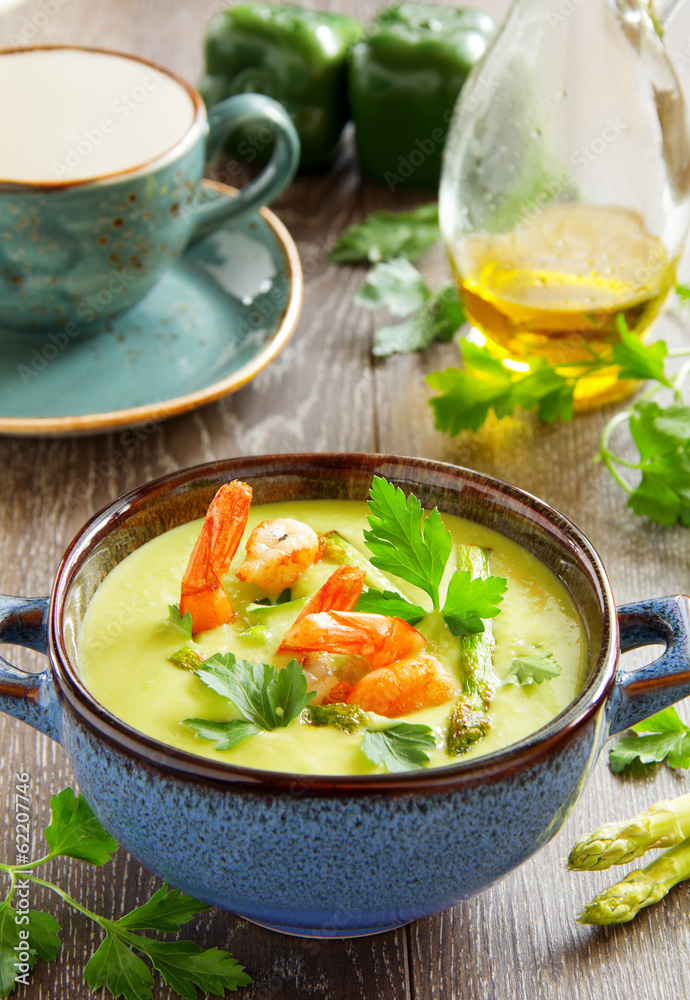 Cream of asparagus soup with shrimp. Cream of asparagus soup with shrimp.