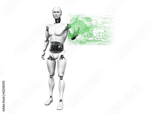Male robot pushing technology button. © Sarah Holmlund