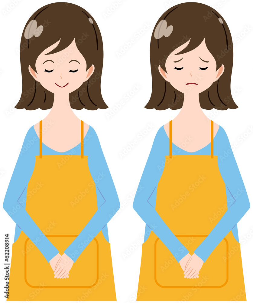 女性　エプロン　お辞儀