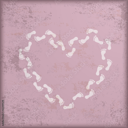 Vintage Pink Background White Footprints Heart