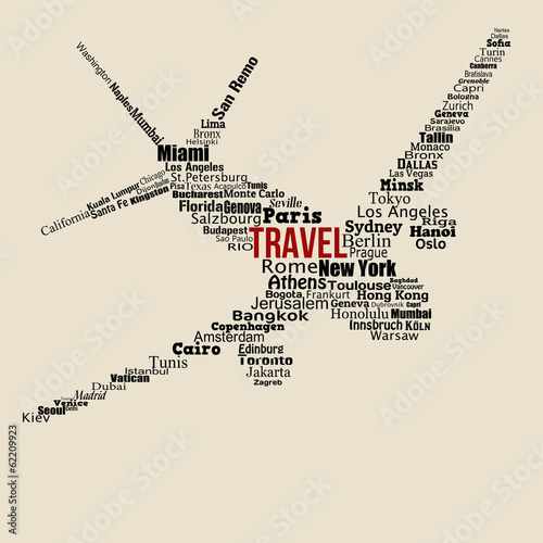 World travel concept made with words on airplane