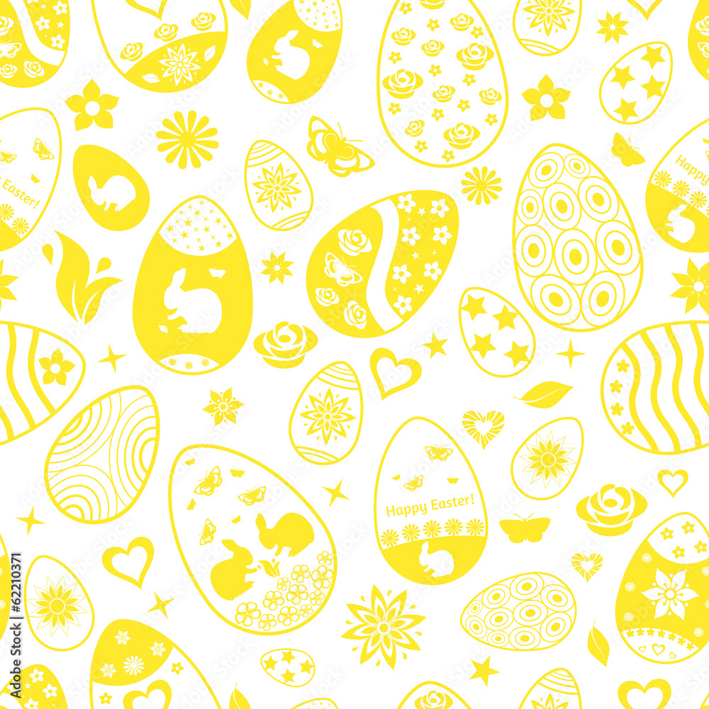 Seamless pattern of Easter eggs, yellow on white Seamless pattern of Easter eggs, yellow on white