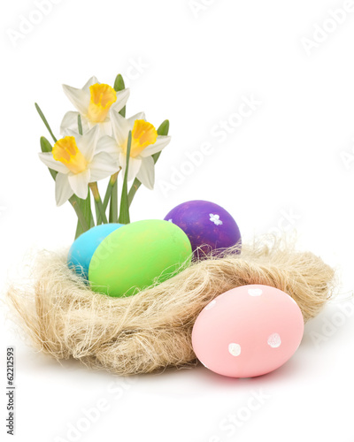 Easter eggs in nest  isolated on white