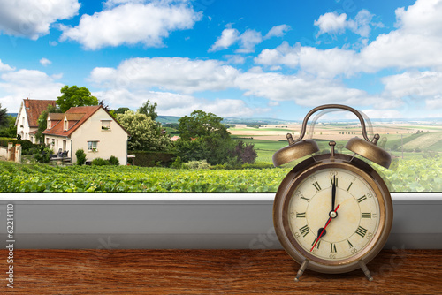 Fotografie View of house on summer vineyard landscape from window with alar