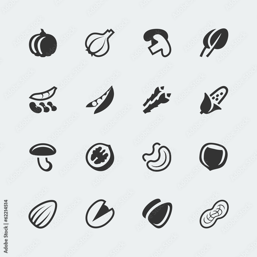 Vector vegetables and nuts mini icons set Vector vegetables and nuts mini icons set
