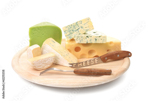 Delicious cheese and knife on wood platter.