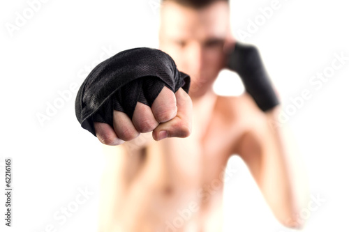 Fighters punch. Isolated on white background. Bokeh.