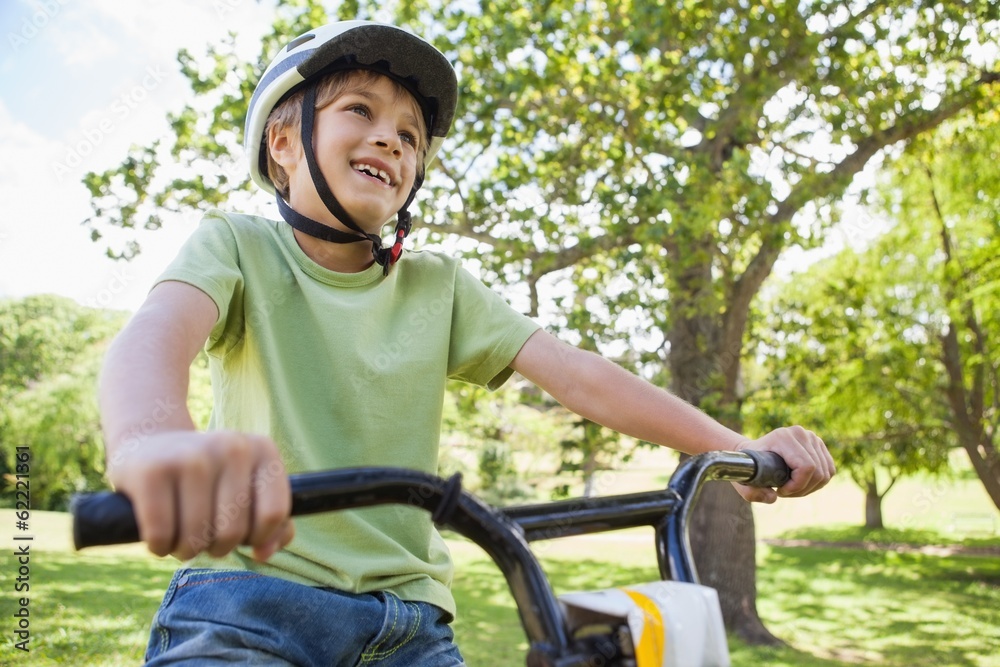 Obraz premium Smiling young boy riding bicycle at park