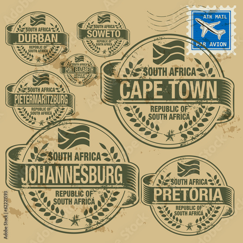 Grunge rubber stamp set with names of South Africa cities