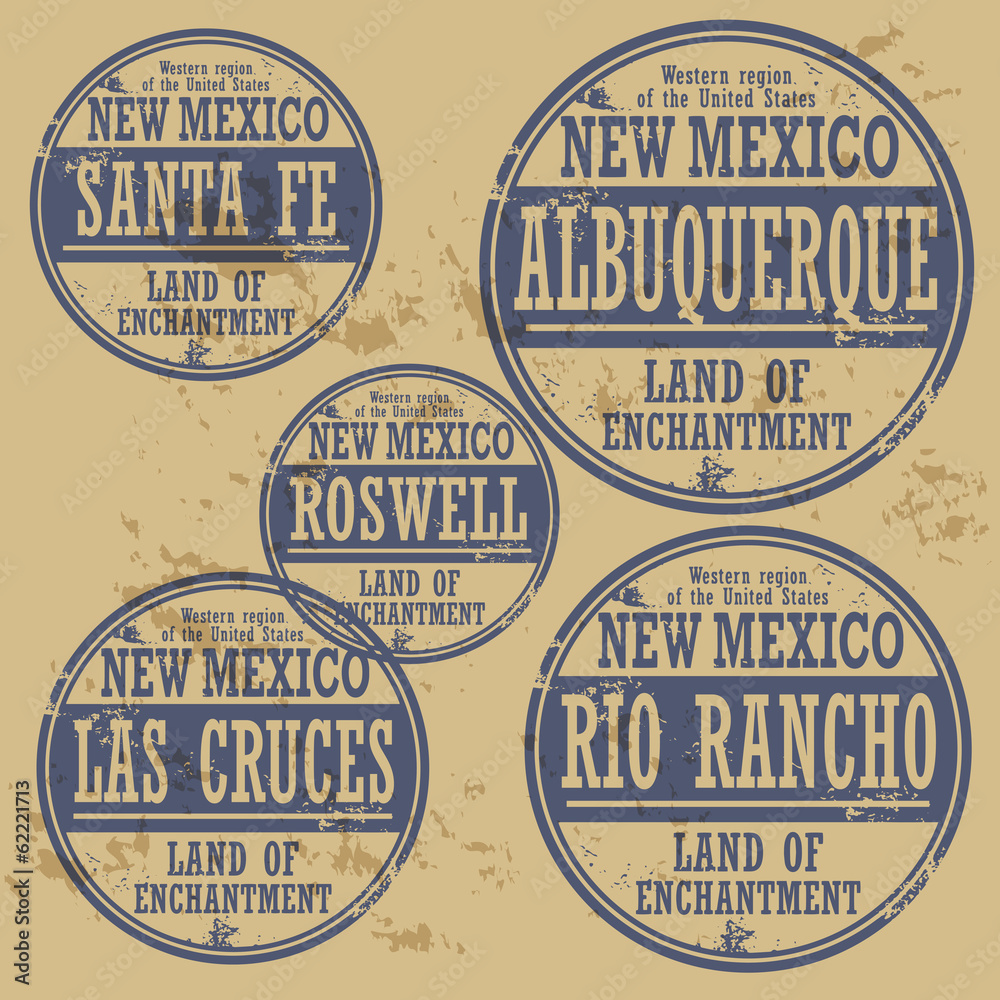 Grunge rubber stamp set with names of New Mexico cities Stock Vector