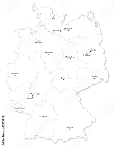 Vector map of German states with cites on white background.