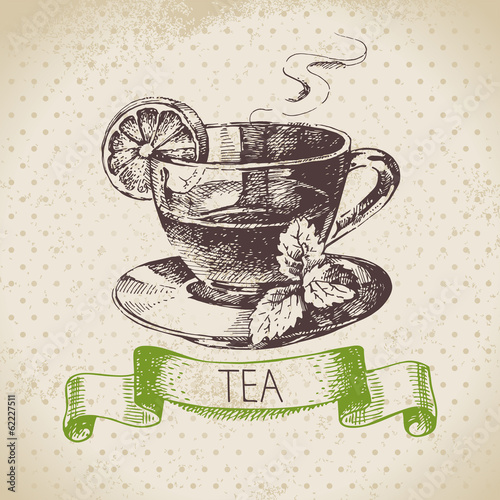 Tea vintage background. Hand drawn sketch illustration